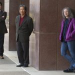 Aijun Wang, Kit Lam and Alyssa Panitch stand outside the Genome and Biomedical Sciences Facility, Jan. 7, 2021.
