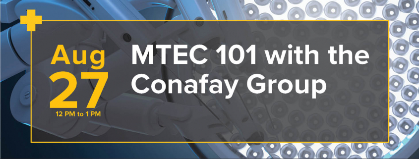 event information in transparent black box over an image of medical equipment, text reads august 27, 12-1pm, MTEC 101 with the conafay group, hosted by uc davis