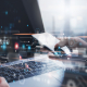 abstract image of person working on computer with information exchanged