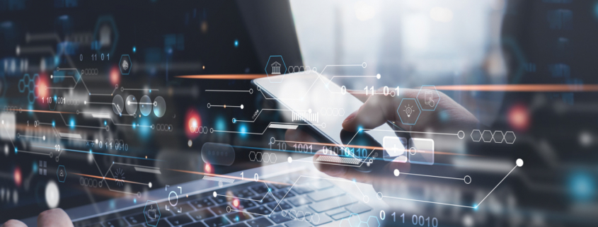 abstract image of person working on computer with information exchanged