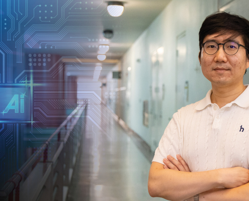 Isaac Kim dressed in white shirt, stands in building lobby with visual overlay of abstract artifical intelligence treatment on side