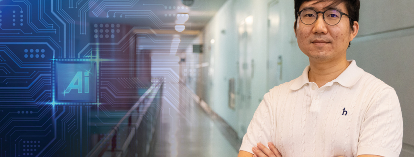 Isaac Kim dressed in white shirt, stands in building lobby with visual overlay of abstract artifical intelligence treatment on side