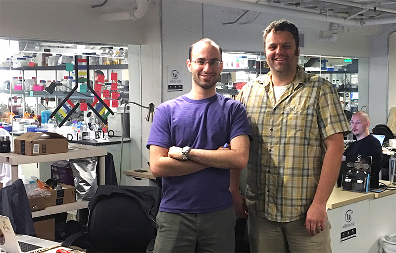 Marc Pollack, left, and Jeremy Warren at IndieBio in San Francisco. IndieBio is a startup accelerator in San Francisco. After a four-month program, Pollack and Warren will present AstRoNA Biotechnologies, Inc., to potential investors at IndieBio’s Demo Day this summer. 