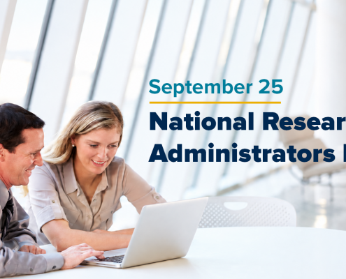 two colleagues work on paperwork. Text overlay says September 25 National Research Administrators Day
