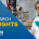 Scientist in lab wearing white lab coat, black glasses and blue gloves