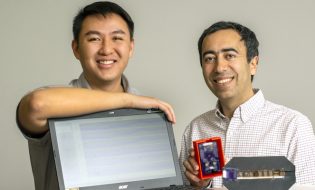 Daniel Fong (left) an electrical and computer engineering Ph.D. student, and Soheil Ghiasi (right), a professor of electrical and computer engineering, are photographed in Ghiasi's lab in Kemper Hall, February 2020. Ghiasi and Fong have invented a patented device that can measure blood oxygen saturation in a fetus through the maternal abdomen.)
