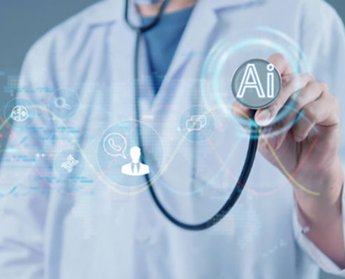 Doctor holding a stethoscope labeled ‘AI’. Digital healthcare icons and data graphics are visible in the foreground.