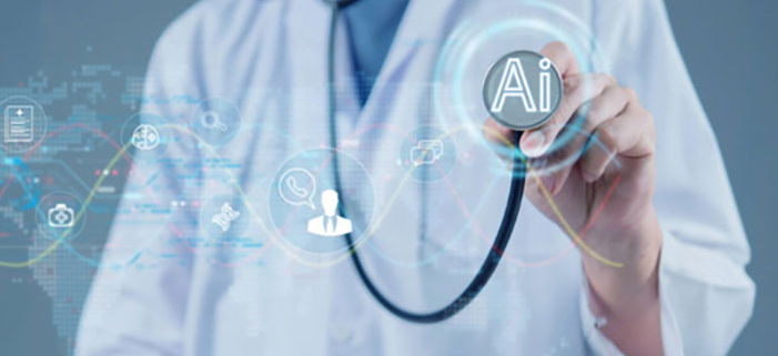 Doctor holding a stethoscope labeled ‘AI’. Digital healthcare icons and data graphics are visible in the foreground.