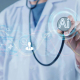 Doctor holding a stethoscope labeled ‘AI’. Digital healthcare icons and data graphics are visible in the foreground.