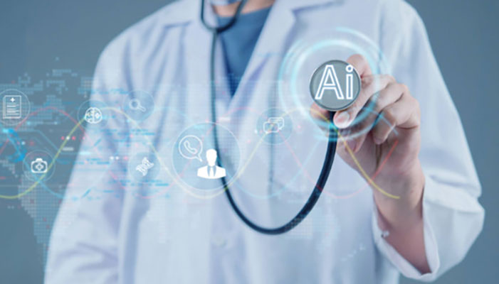 Doctor holding a stethoscope labeled ‘AI’. Digital healthcare icons and data graphics are visible in the foreground.