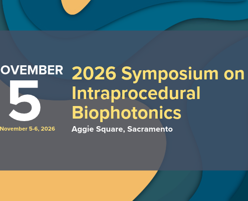 abstract blue and gold background with event information: November 5-6, 2026 Symposium on Intraprocedural Biophotonics