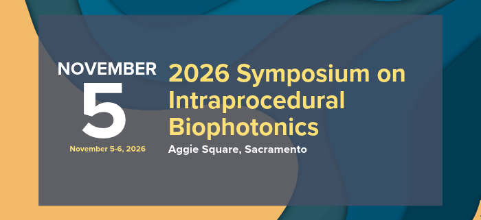 abstract blue and gold background with event information: November 5-6, 2026 Symposium on Intraprocedural Biophotonics