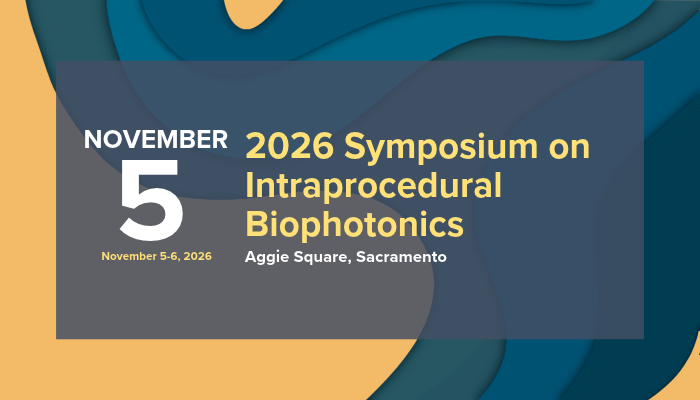 abstract blue and gold background with event information: November 5-6, 2026 Symposium on Intraprocedural Biophotonics