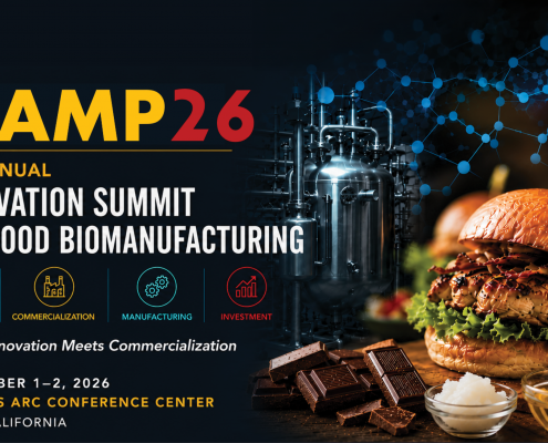 graphic featuring event information over an image of biomanufactured food products like a hamburger, seafood and chocolate