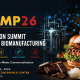graphic featuring event information over an image of biomanufactured food products like a hamburger, seafood and chocolate