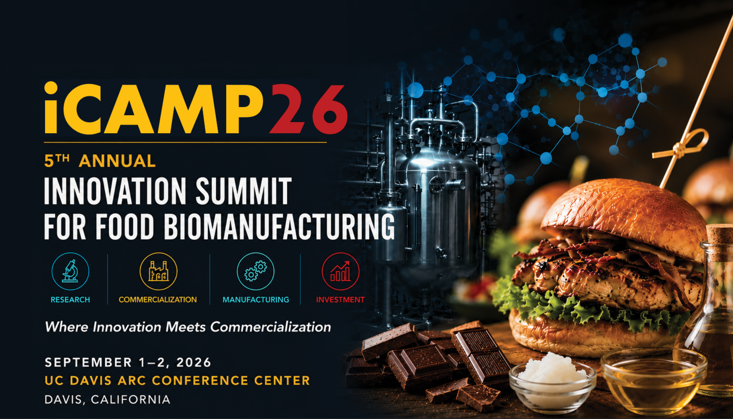 graphic featuring event information over an image of biomanufactured food products like a hamburger, seafood and chocolate