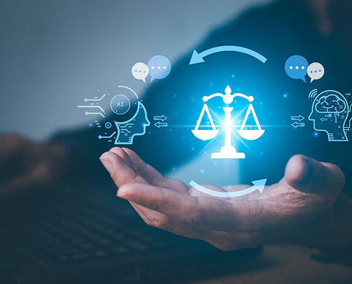 A digital illustration of a hand holding glowing scales of justice between AI and human brain icons, representing fairness in artificial intelligence.