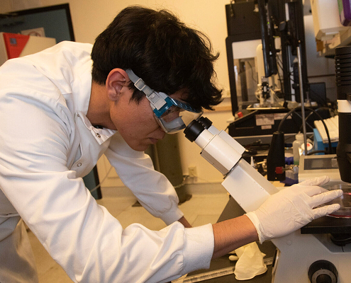 A researcher in a white coat and safety glasses examines a sample under a microscope in a laboratory.