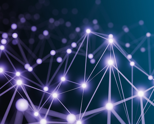 An abstract illustration of glowing nodes connected by lines, representing a digital network.