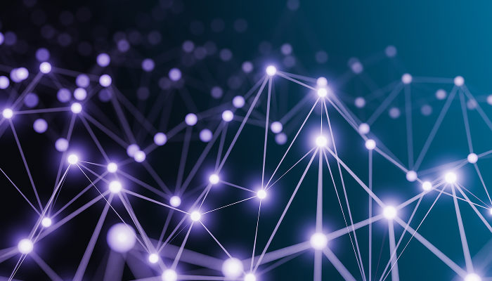An abstract illustration of glowing nodes connected by lines, representing a digital network.