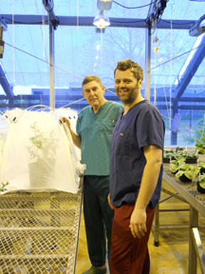 Bryce Falk (left) with postdoctoral scientist Jeremy Warren inside the UC Davis Biosafety 3P Contained Research Facility